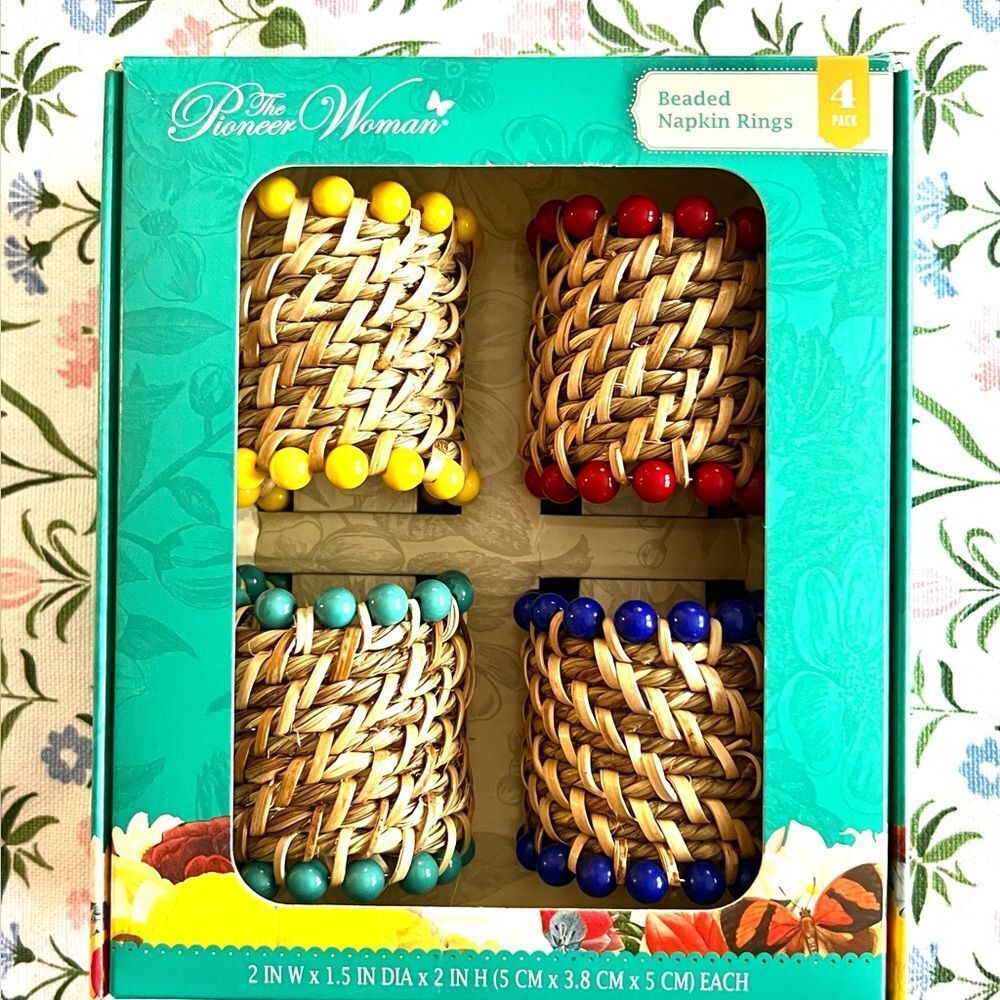 Pioneer Woman Napkin Rings Set of 4 Woven Wicker Beaded Multicolor NWT